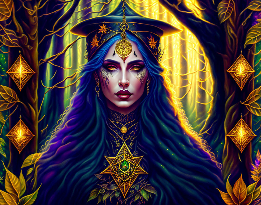 Blue-skinned woman with cosmic makeup in enchanted forest