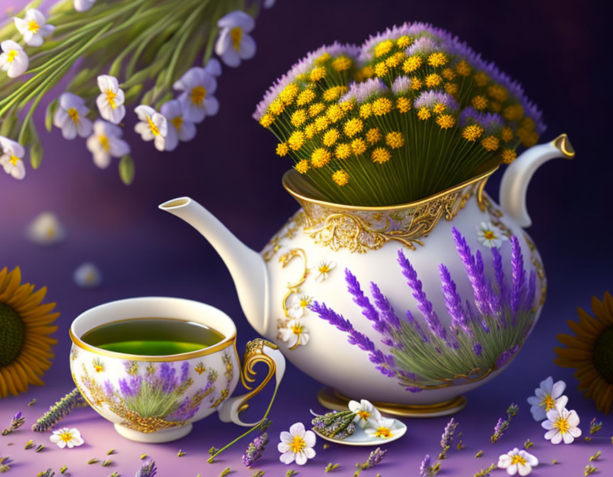 Floral Pattern Teapot and Teacup with Yellow and Purple Flowers on Purple Background