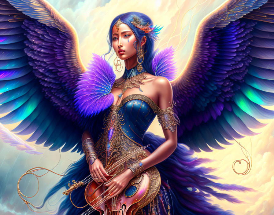 Illustrated female angel with blue and purple wings holding golden violin in fantasy setting