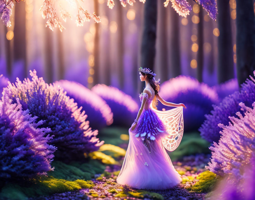 Miniature fairy figure in purple flora under soft violet light