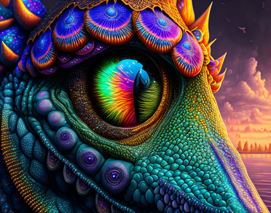 Colorful close-up illustration of fantastical creature's eye with textured scales and feathers