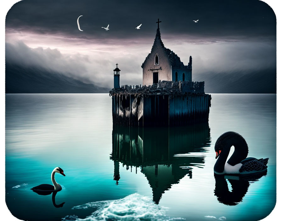 Gothic church on small island at dusk with swans and crescent moon