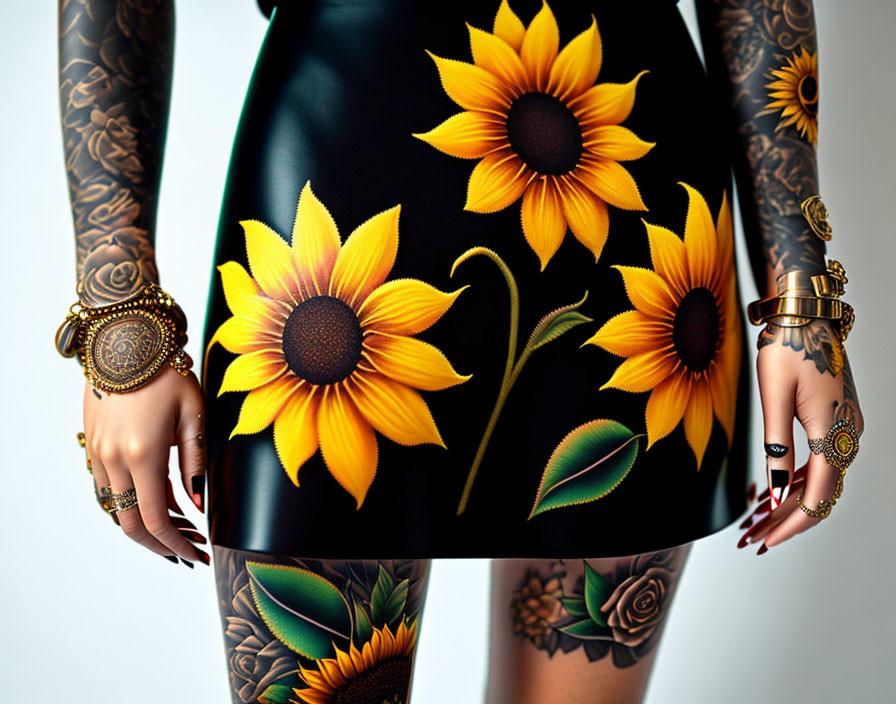 Floral tattooed person in sunflower skirt with ornate jewelry on hands