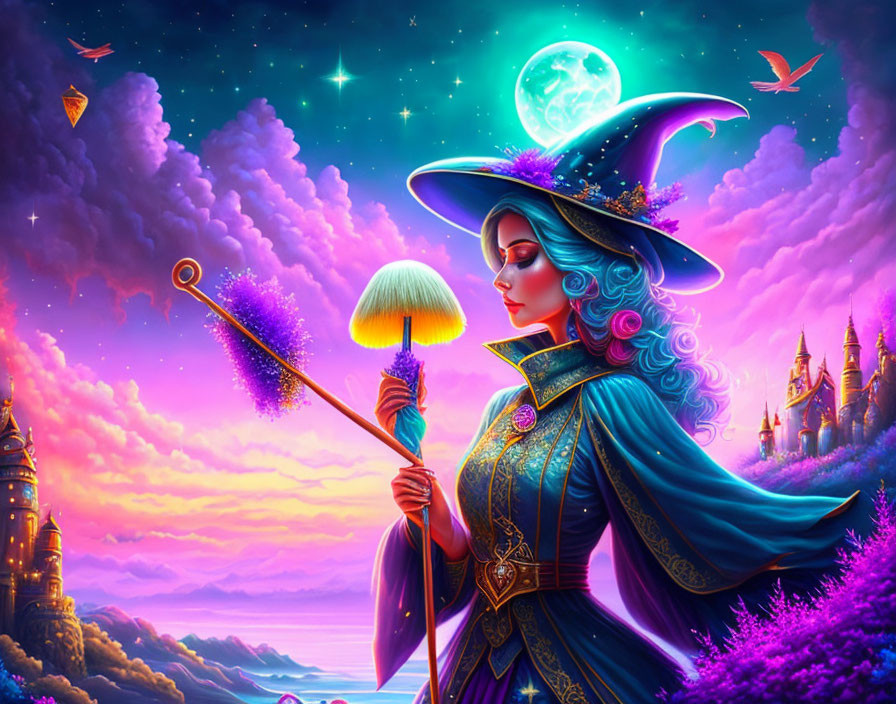 Colorful Witch Illustration with Wand and Hat in Magical Night Sky