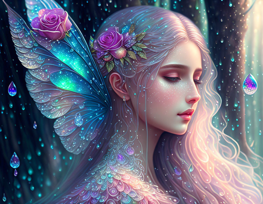 Fantasy illustration of female figure with butterfly wings and roses in hair on starry backdrop