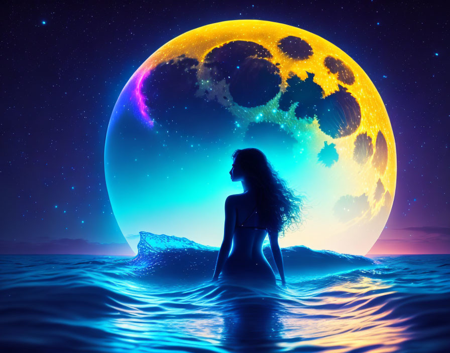 Woman's silhouette in water under vivid moon & starry sky