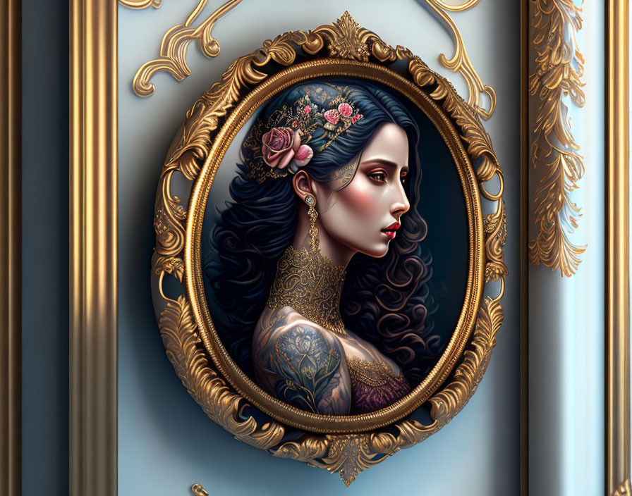 Portrait of woman with tattoos and floral hair in stylized illustration, framed in golden oval.