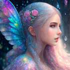 Fantasy illustration of female figure with butterfly wings and roses in hair on starry backdrop