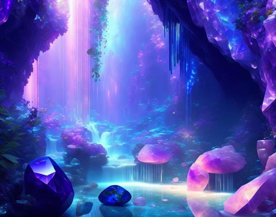 Mystical cave with purple crystals, waterfalls, and lush greenery