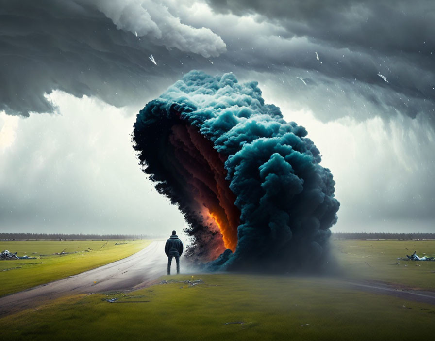 Person on road watches surreal tornado in stormy sky