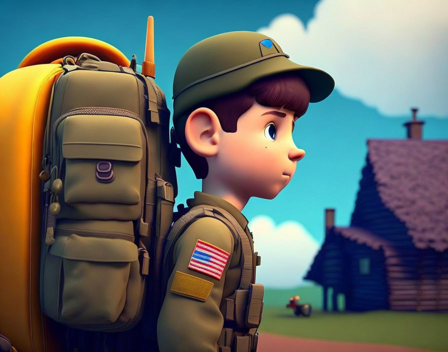 Animated character with large backpack and cap near log cabin