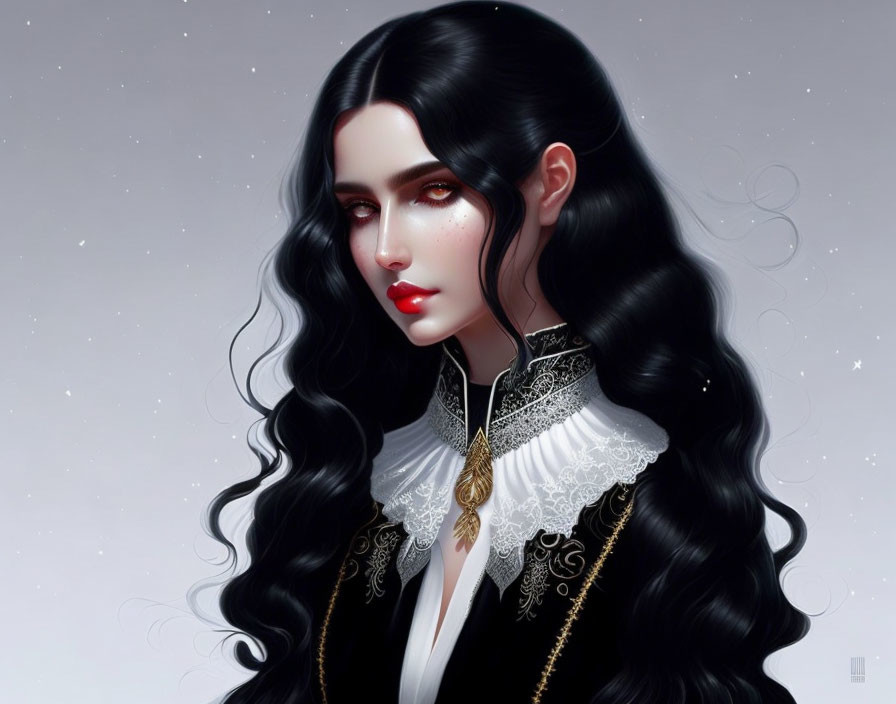 Digital artwork: Woman with long black hair in Victorian-style outfit against starry backdrop