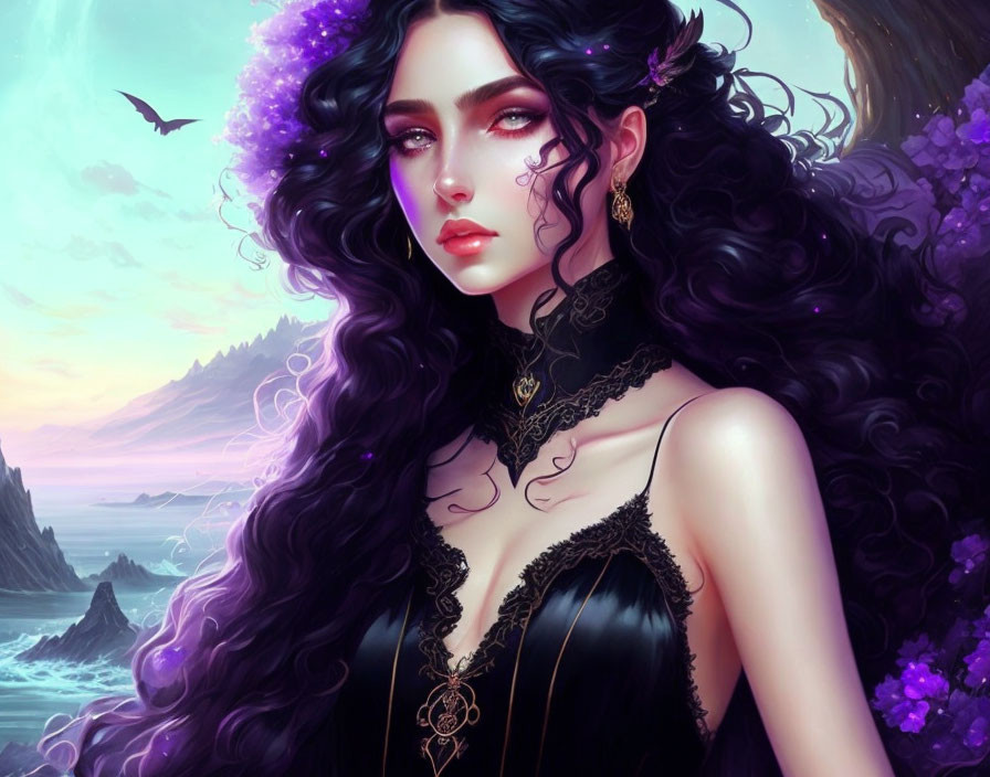 Illustration of woman with black hair in gothic attire, surrounded by mystical seaside landscape.