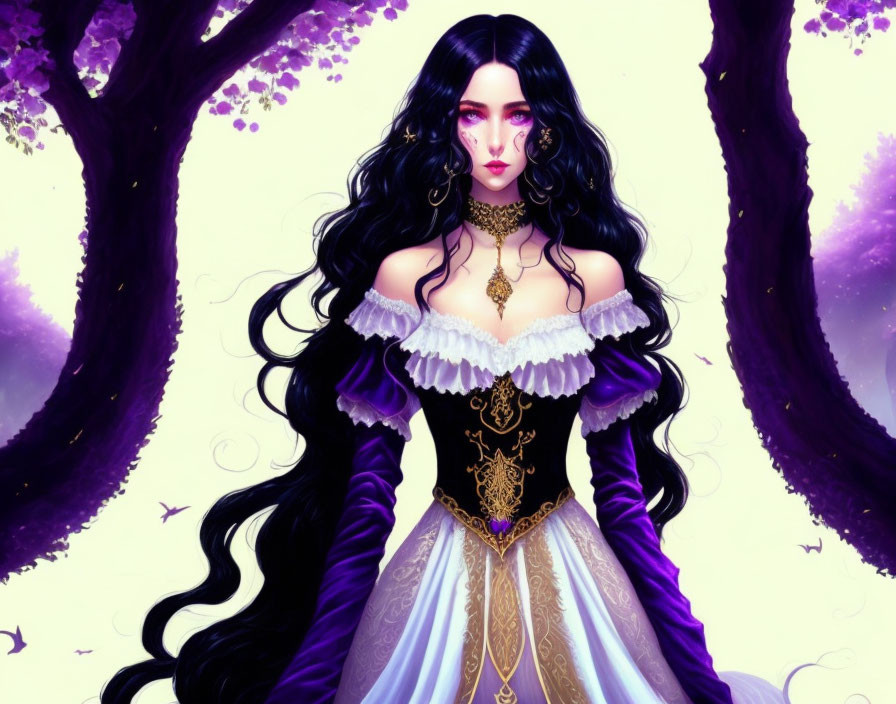 Animated female character with long black hair in elegant purple dress among whimsical purple trees