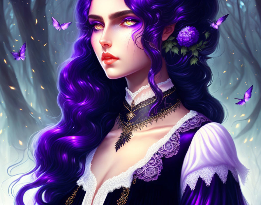 Illustrated woman with purple hair and butterflies in elegant attire