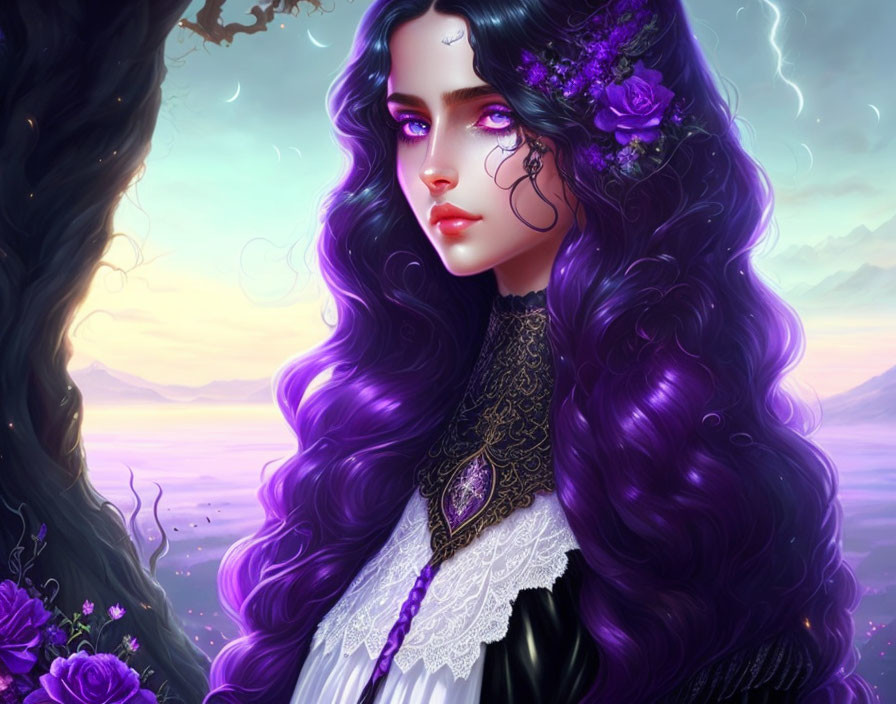 Digital Artwork: Woman with Purple Hair and Floral Crown in Twilight Sky