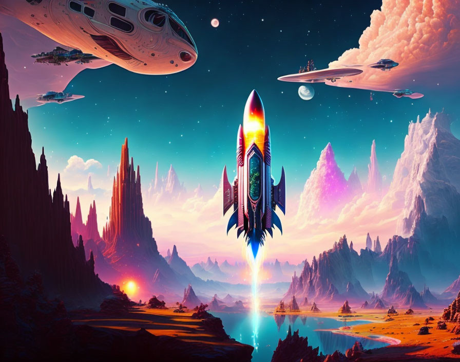 Colorful Sci-Fi Landscape with Rocket Launching and Alien Terrain