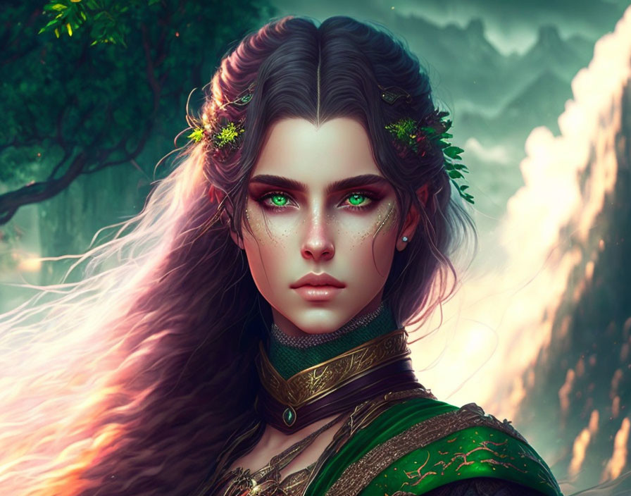 Fantasy-style digital artwork of a woman with green eyes in nature setting