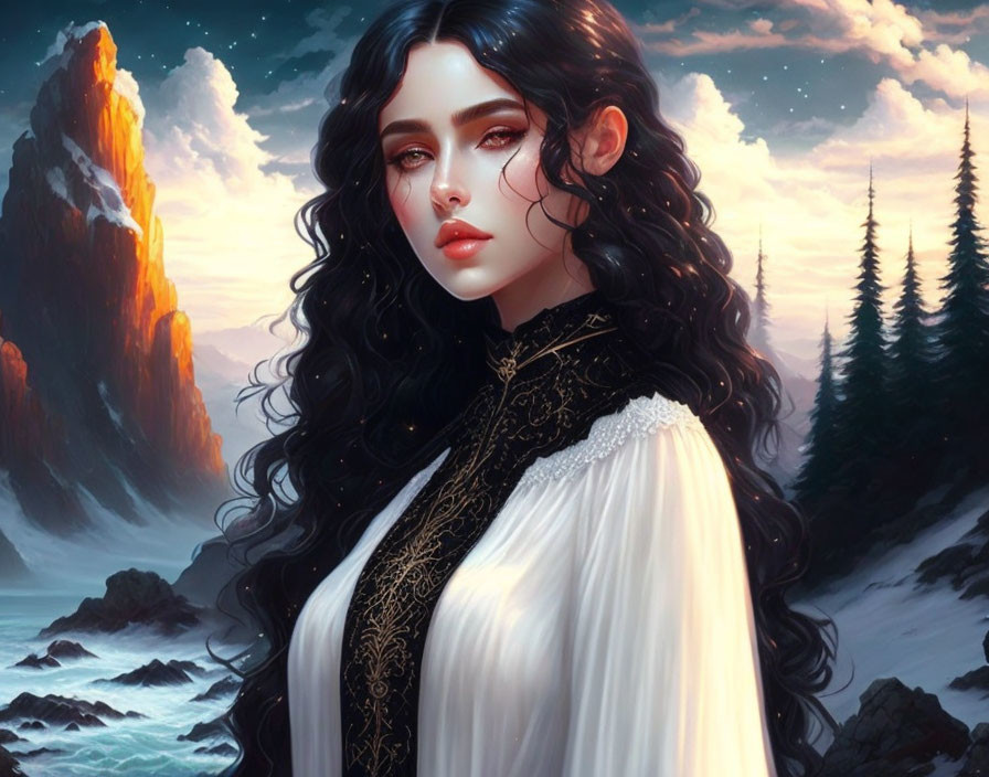 Digital artwork: Woman in Victorian dress with black hair in fantastical landscape