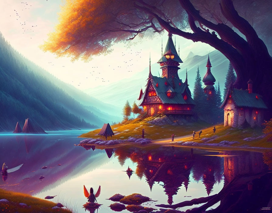 Castle by calm lake with mountains, autumn tree, and small figures