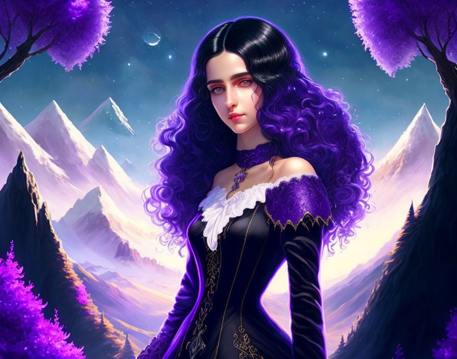 Digital art portrait of woman with long black curly hair in Victorian dress against fantasy landscape.