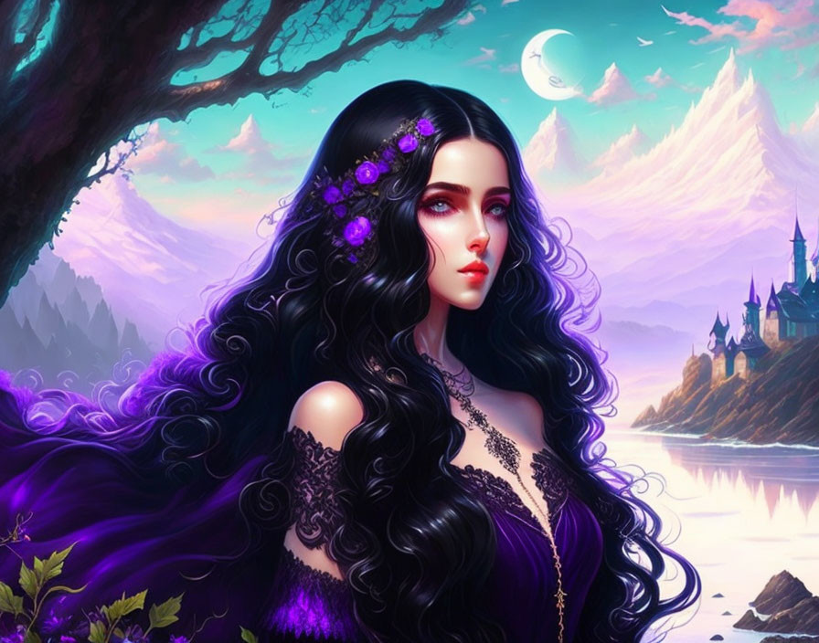 Fantasy illustration of woman with black hair and purple flowers, castle in twilight.