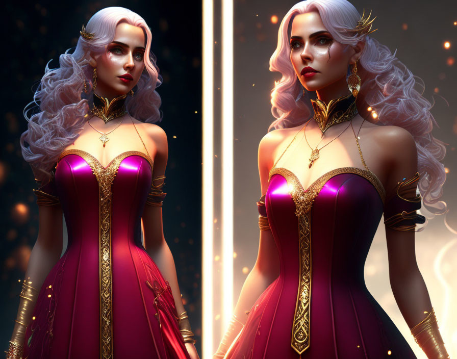 Digital artwork: Pale woman with white hair in red and gold corset dress