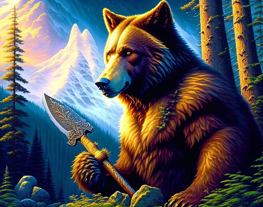 Anthropomorphic wolf warrior with ornate spear in pine tree and mountain sunset scene