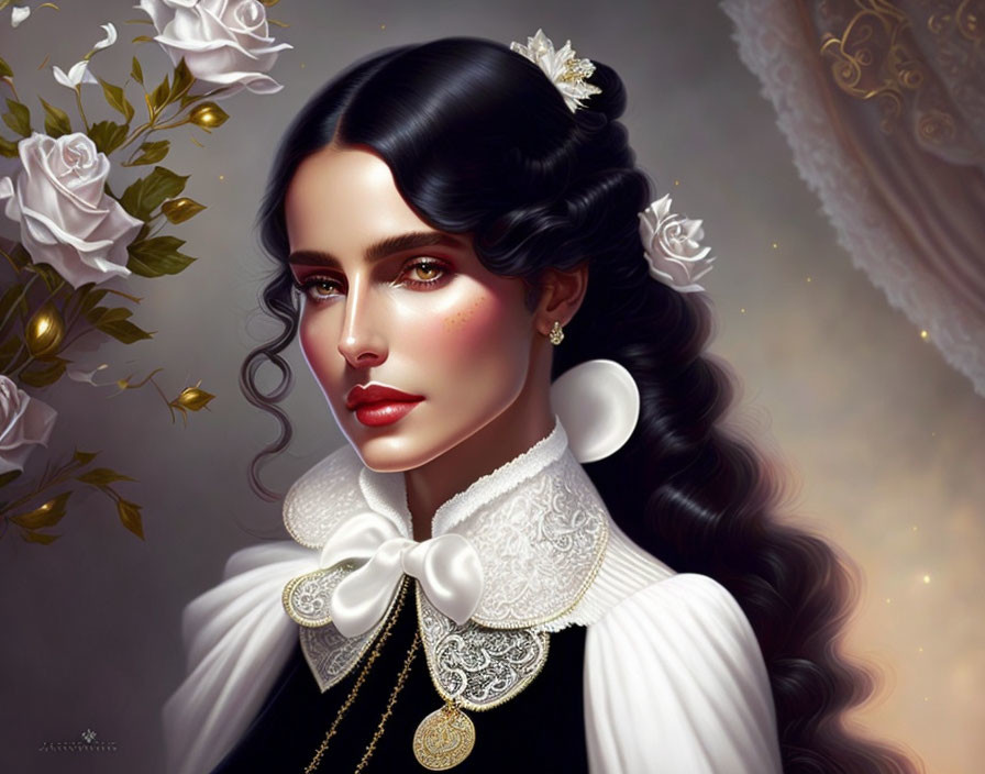 Digital art portrait of woman in black Victorian outfit with white lace collar and gold pendant