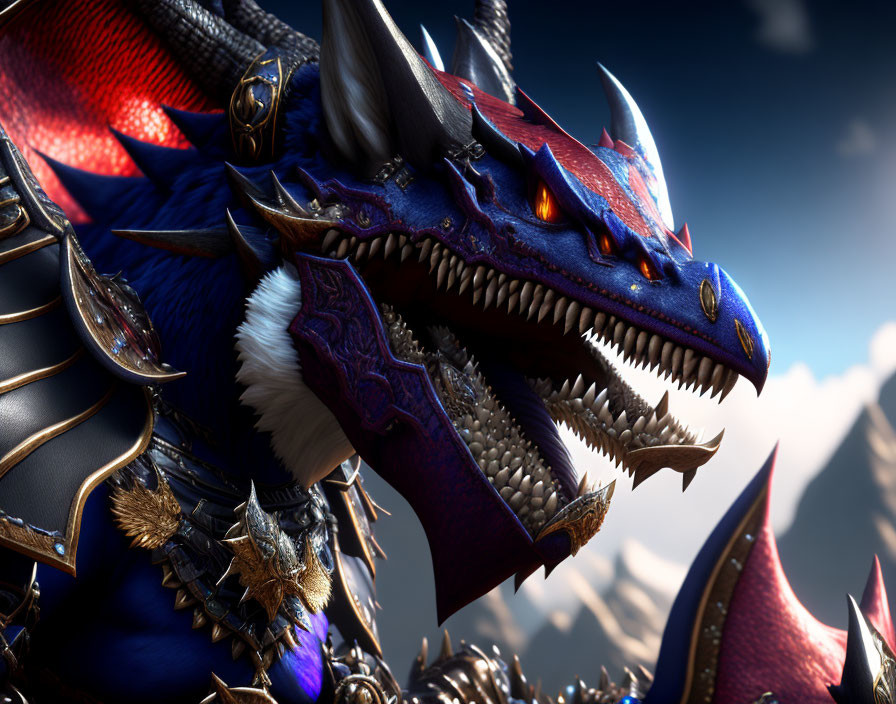 Detailed Blue Dragon with Glowing Red Eyes and Armor against Sky and Mountains