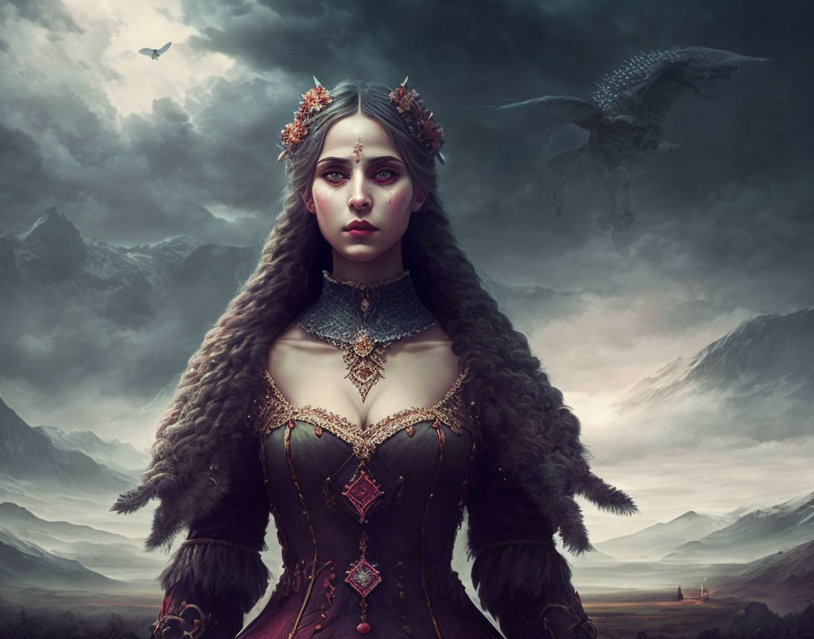 Fantasy portrait of pale woman in regal attire with dragons & stormy mountains