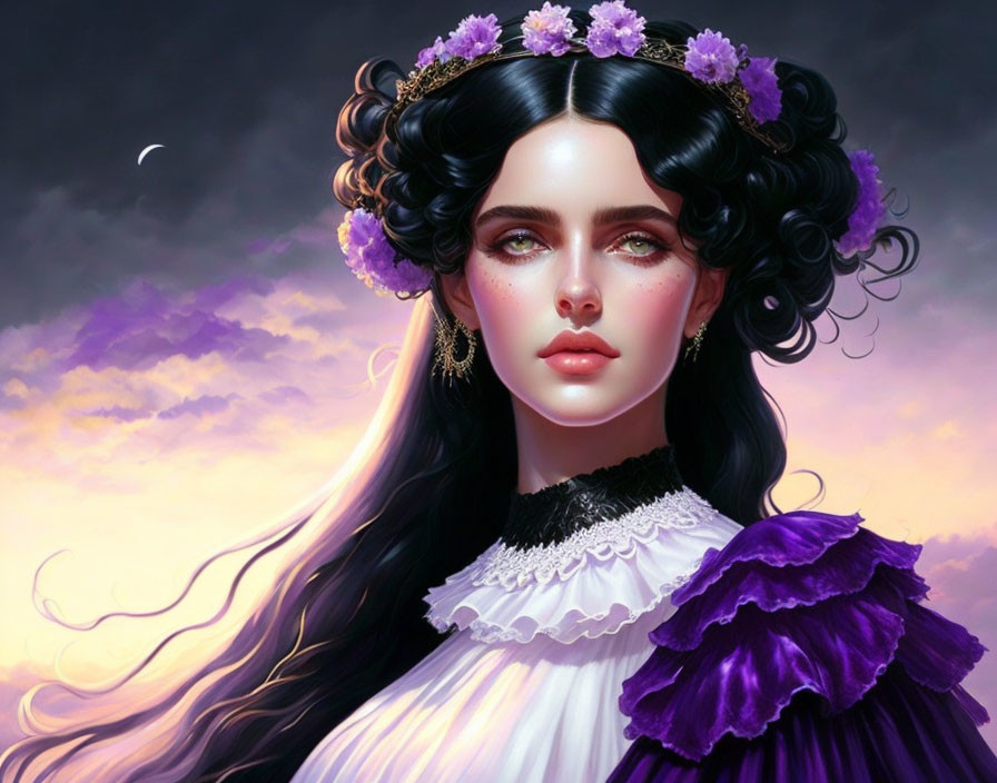 Illustrated woman with black hair and floral crown under twilight sky