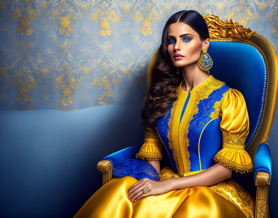 Regal woman with dark hair in blue and gold chair against patterned backdrop