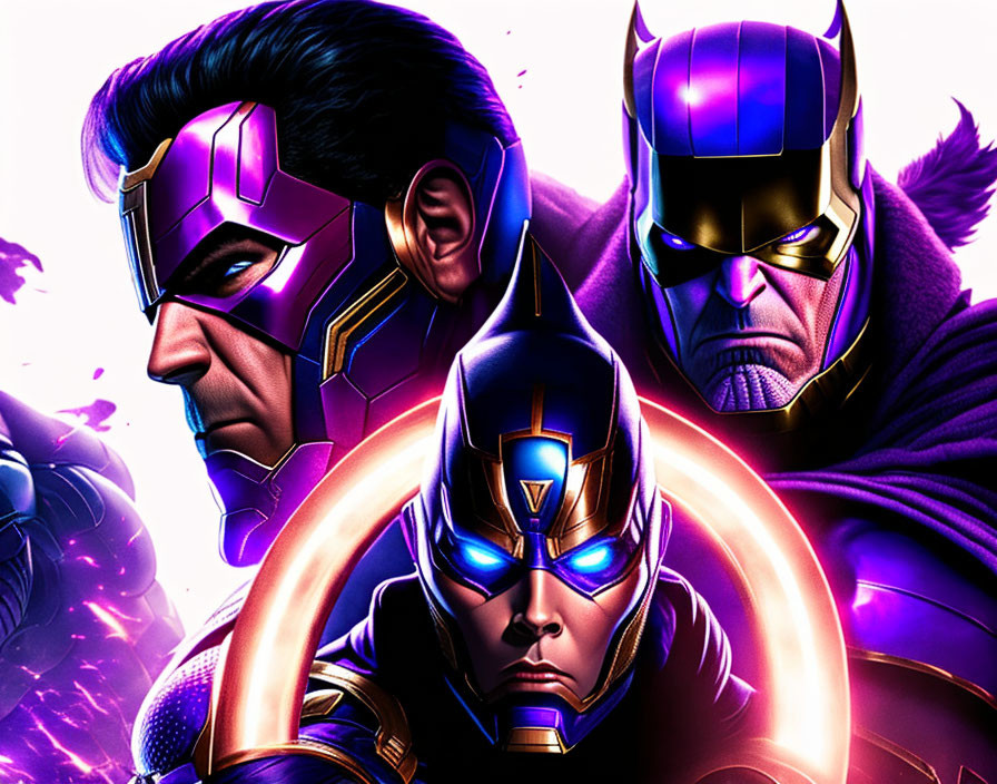 Three stylized comic book heroes in purple armor with glowing blue eyes, ready for action