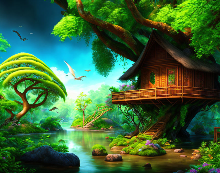 Tranquil digital artwork: idyllic treehouse near river in lush, vibrant landscape