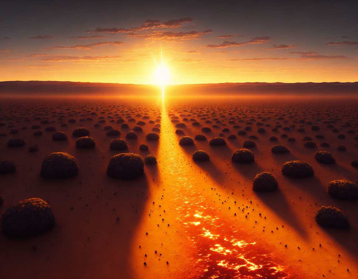 Vivid desert landscape with round bushes under radiant sunset