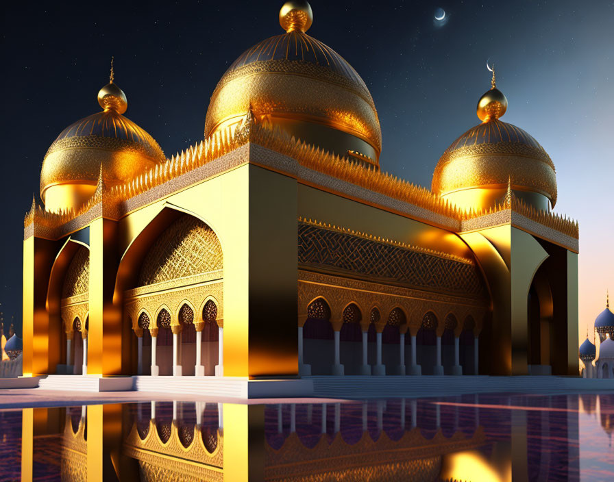 Golden Mosque with Arches and Domes at Night Sky Reflection