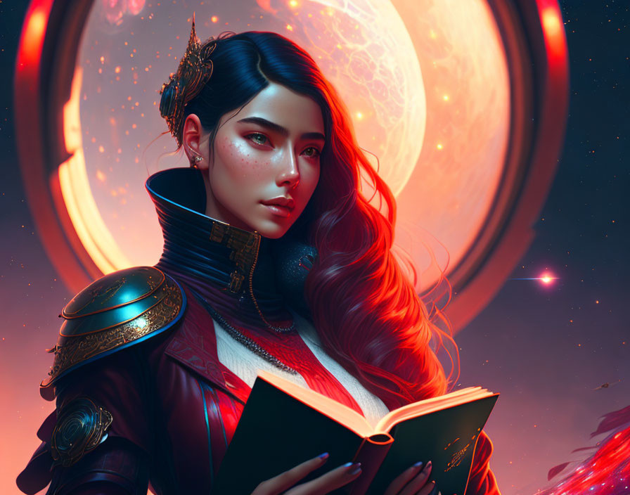 Digital art portrait of woman in ornate armor with flowing hair and book, celestial backdrop