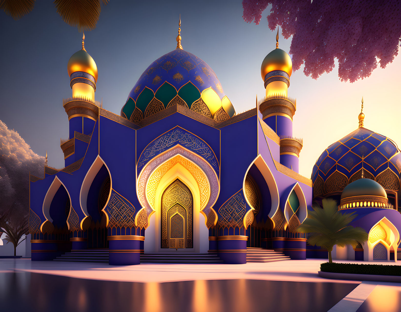 Elaborate Mosque with Blue and Gold Domes at Twilight