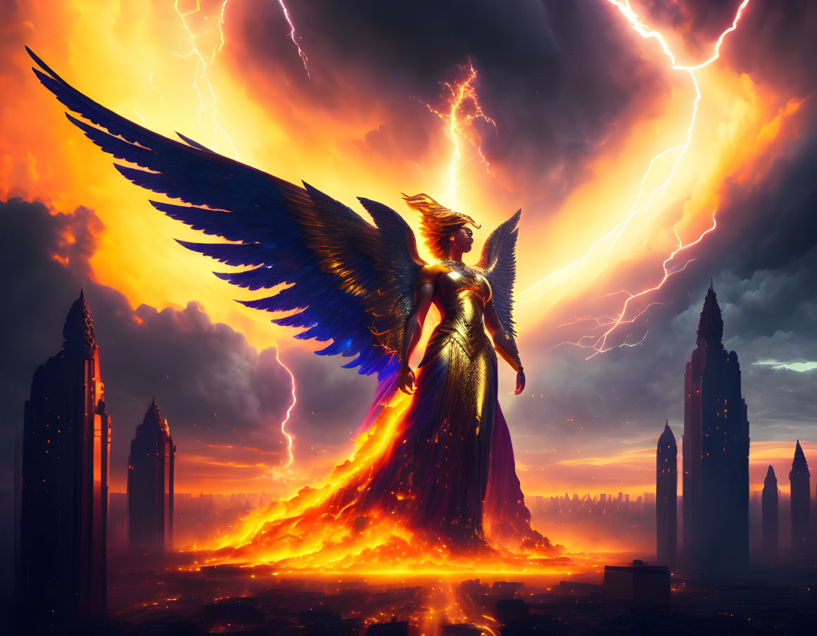 Majestic winged figure in fiery landscape with lightning.