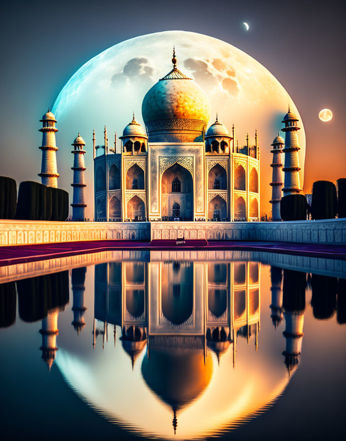 Digitally manipulated image: Taj Mahal at sunset with oversized moon