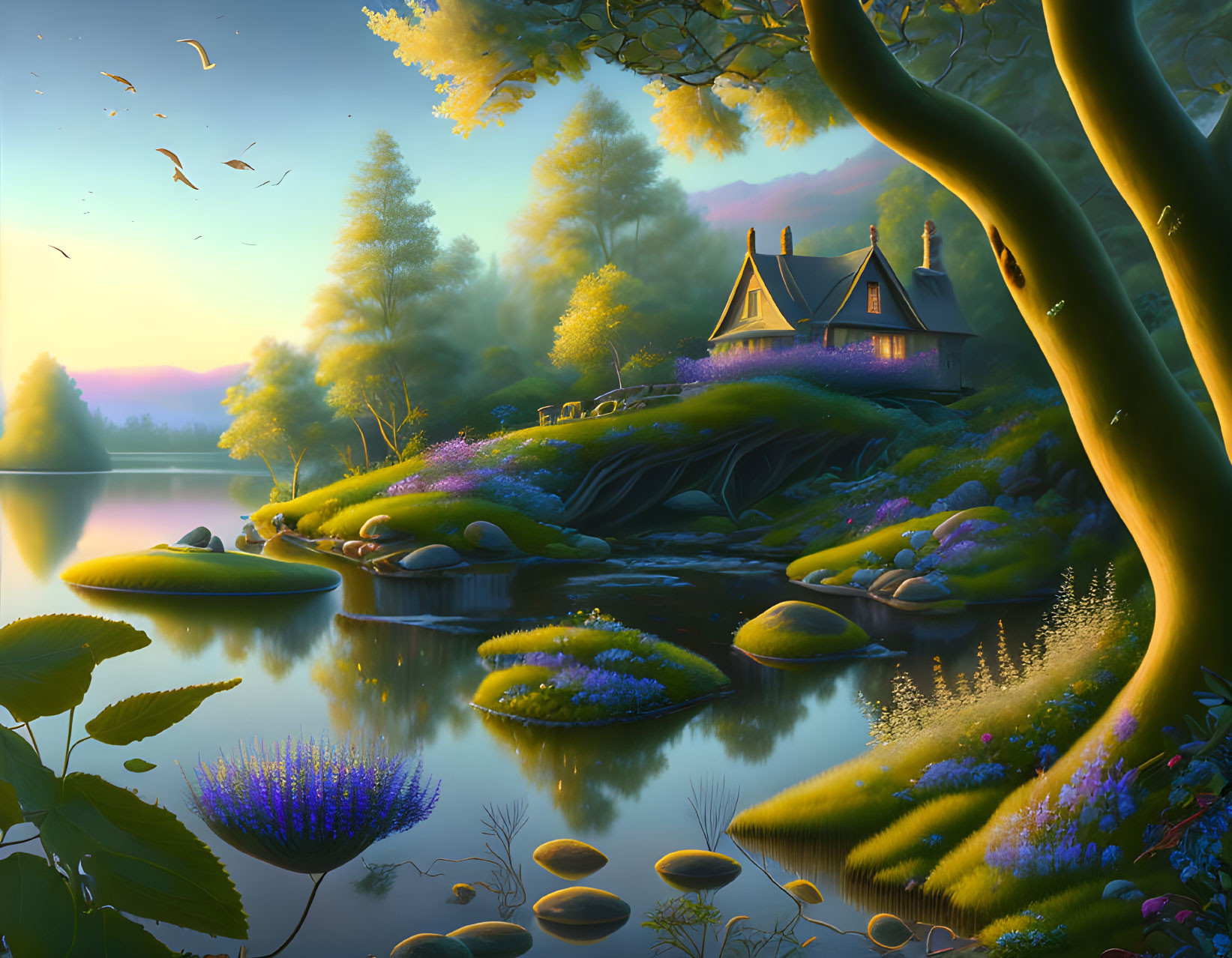 Tranquil lakeside scene at dusk with birds, cozy cottage, lush flora, and serene reflection