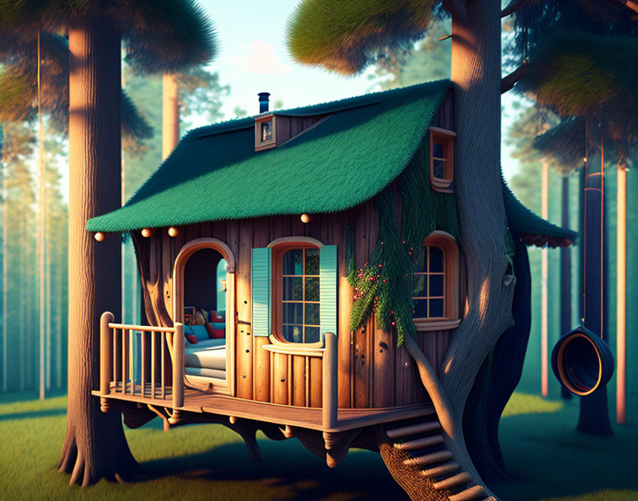 Whimsical treehouse in serene forest with green roof, round door, porch, swing, and