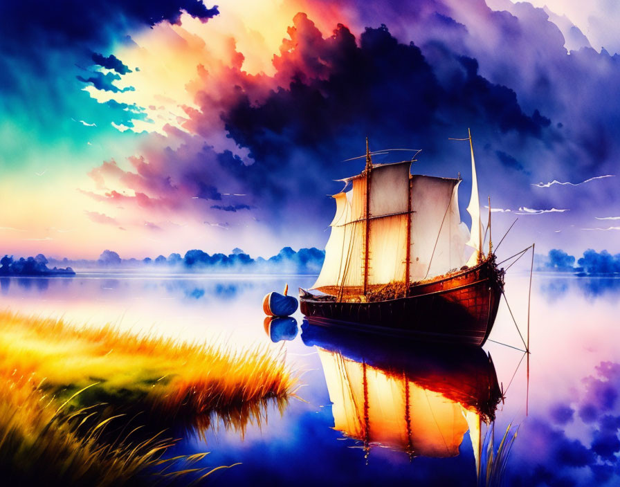 Detailed illustration of tall ship with billowing sails on calm waters under dramatic sky.