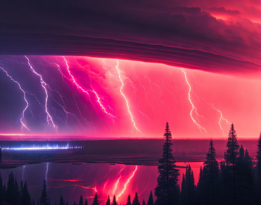 Dark stormy sky with vivid purple and pink lightning bolts above forest and river.