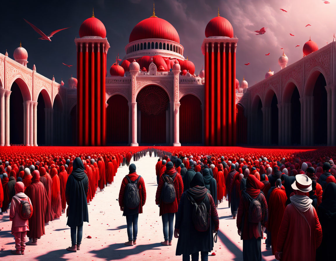 Group of individuals in red cloaks approaching ornate red-domed structure under dramatic sky.