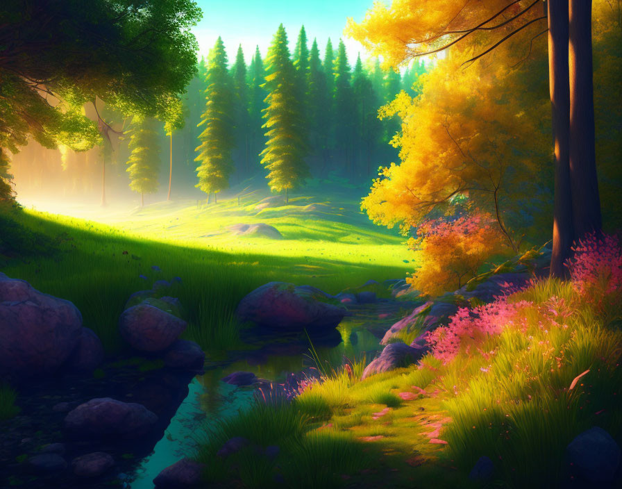 Tranquil forest landscape with sunlight, meadow, flowers, and stream