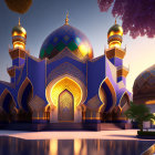 Elaborate Mosque with Blue and Gold Domes at Twilight