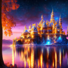 Golden castle with spires beside orange tree, reflecting in water under starry night sky