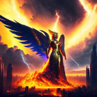 Majestic winged figure in fiery landscape with lightning.